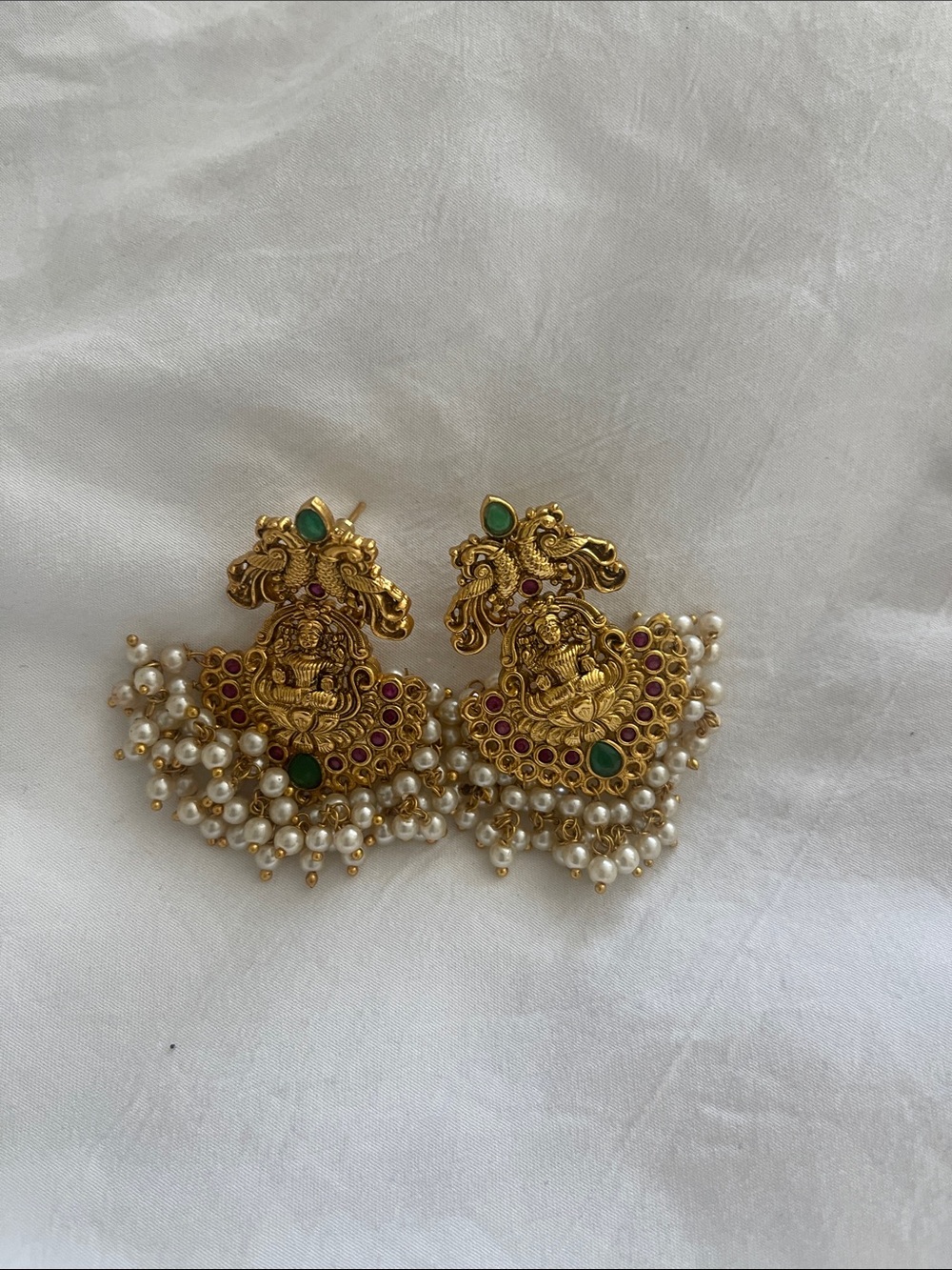 Gold-Tone Temple Jewelry Earrings with Green & Pink Accents